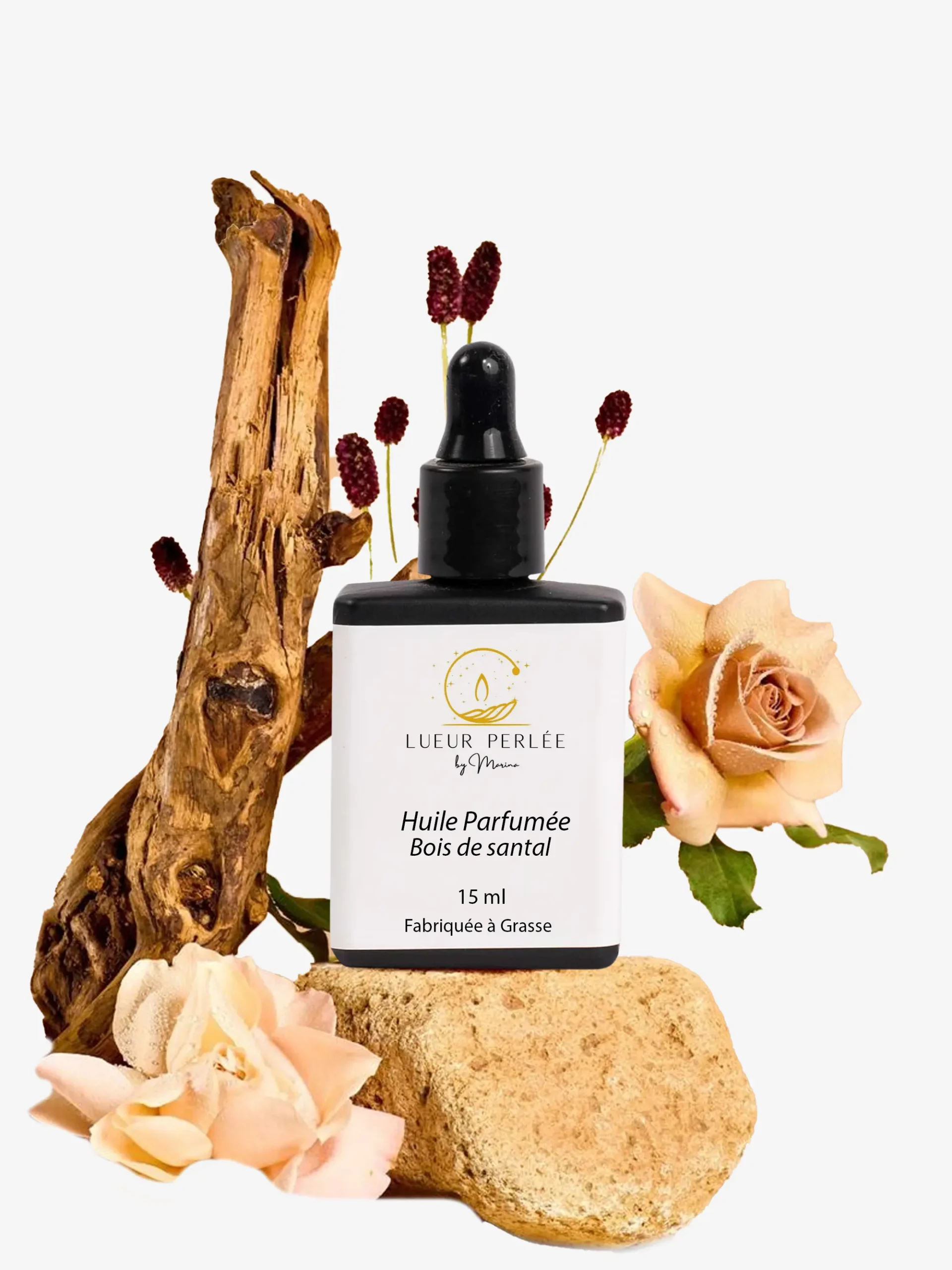 Huile parfumée Bois de Santal pour bougie en perles de cire végan.